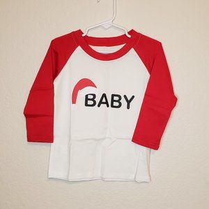 Mousya Toddler White and Red 3/4 Sleeve Round Neck Baby Santa Hat Shirt 2T/3T